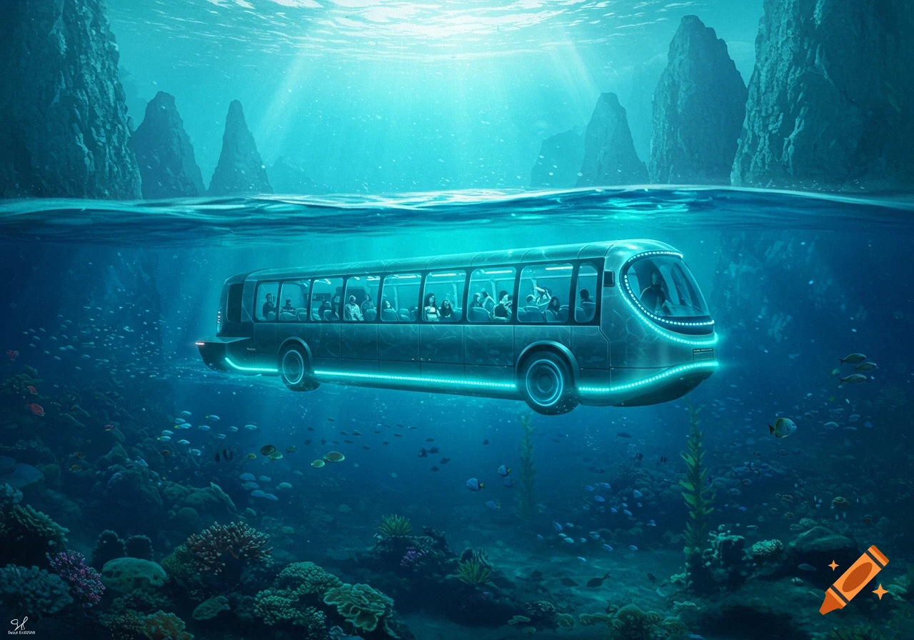 A futuristic underwater bus with glowing blue lights travels through a vibrant coral reef, filled with passengers watching marine life.