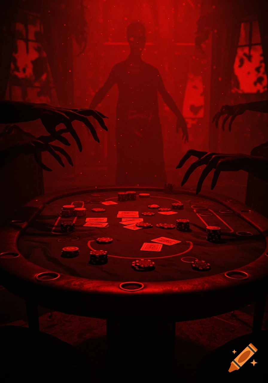 A dimly lit poker table bathed in a sinister red glow, surrounded by shadowy figures and skeletal hands reaching inward, evoking a horror atmosphere.