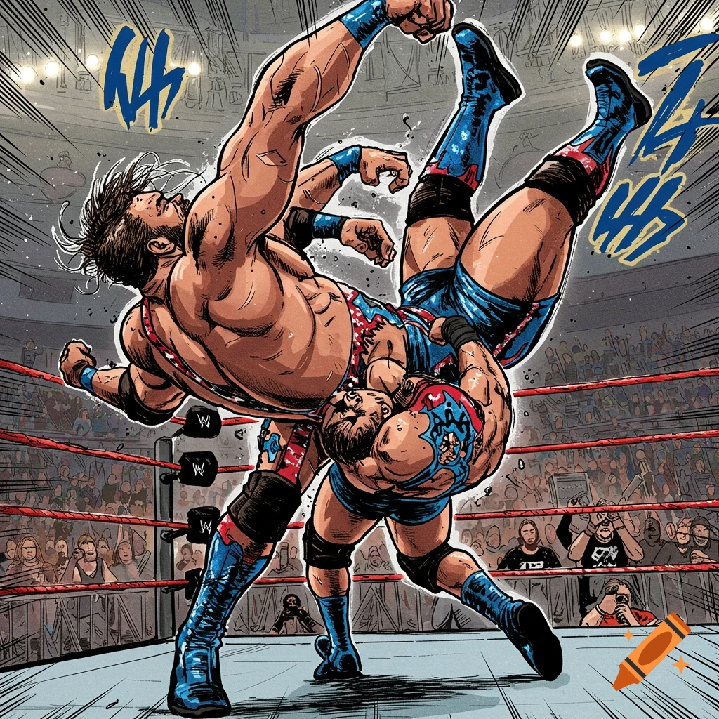 Two muscular wrestlers in a ring, one performing a suplex on the other, in a dynamic manga comic art style with action lines.