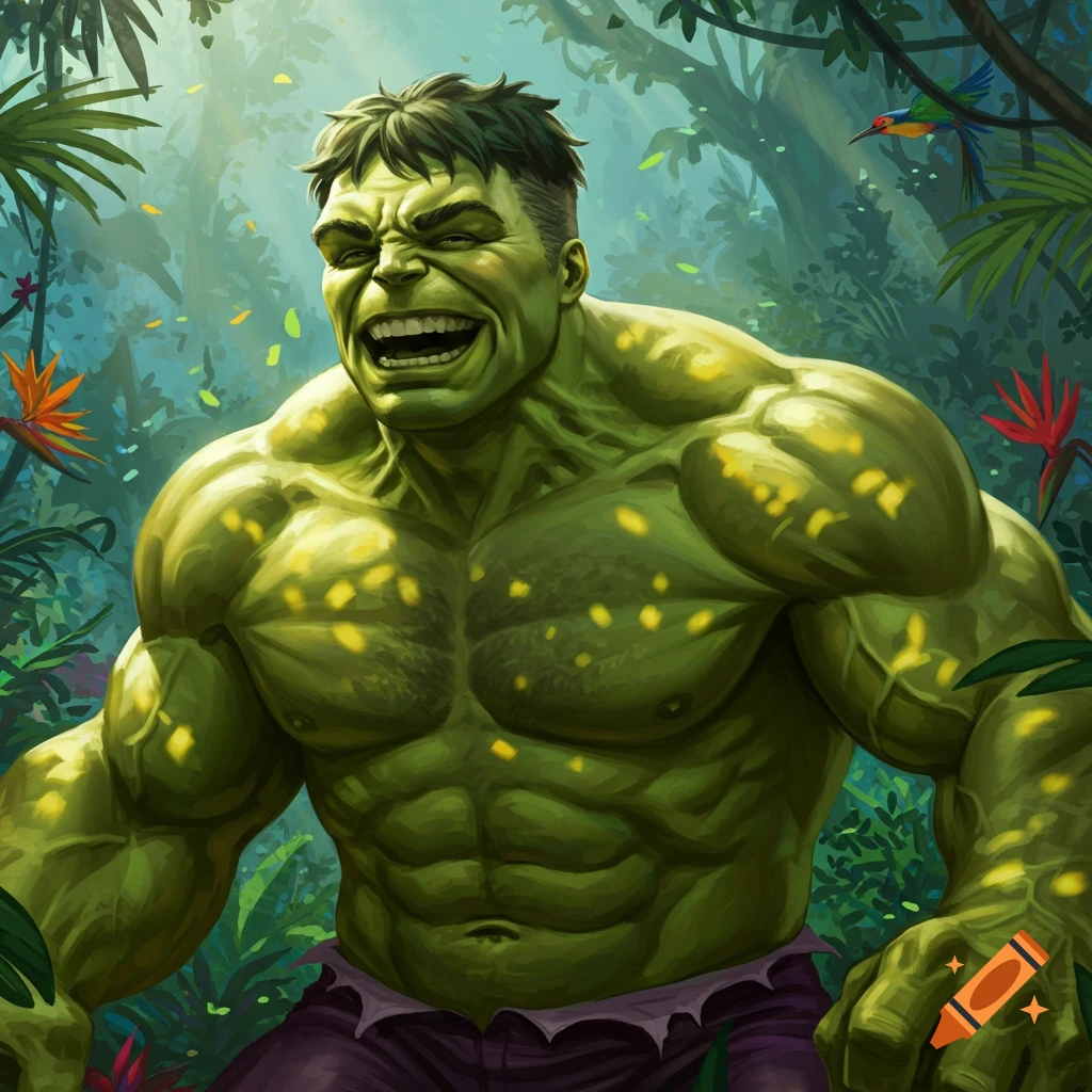 The Hulk, a green-skinned superhero, laughs intensely in a lush jungle, dappled with sunlight. Comic book art style.