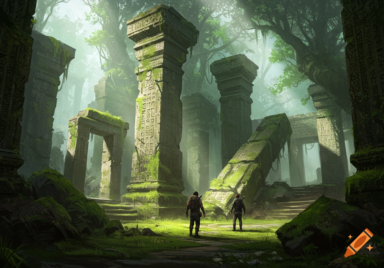 Two adventurers stand in a lush, moss-covered ancient jungle ruin with towering, carved stone pillars and overgrown arches.