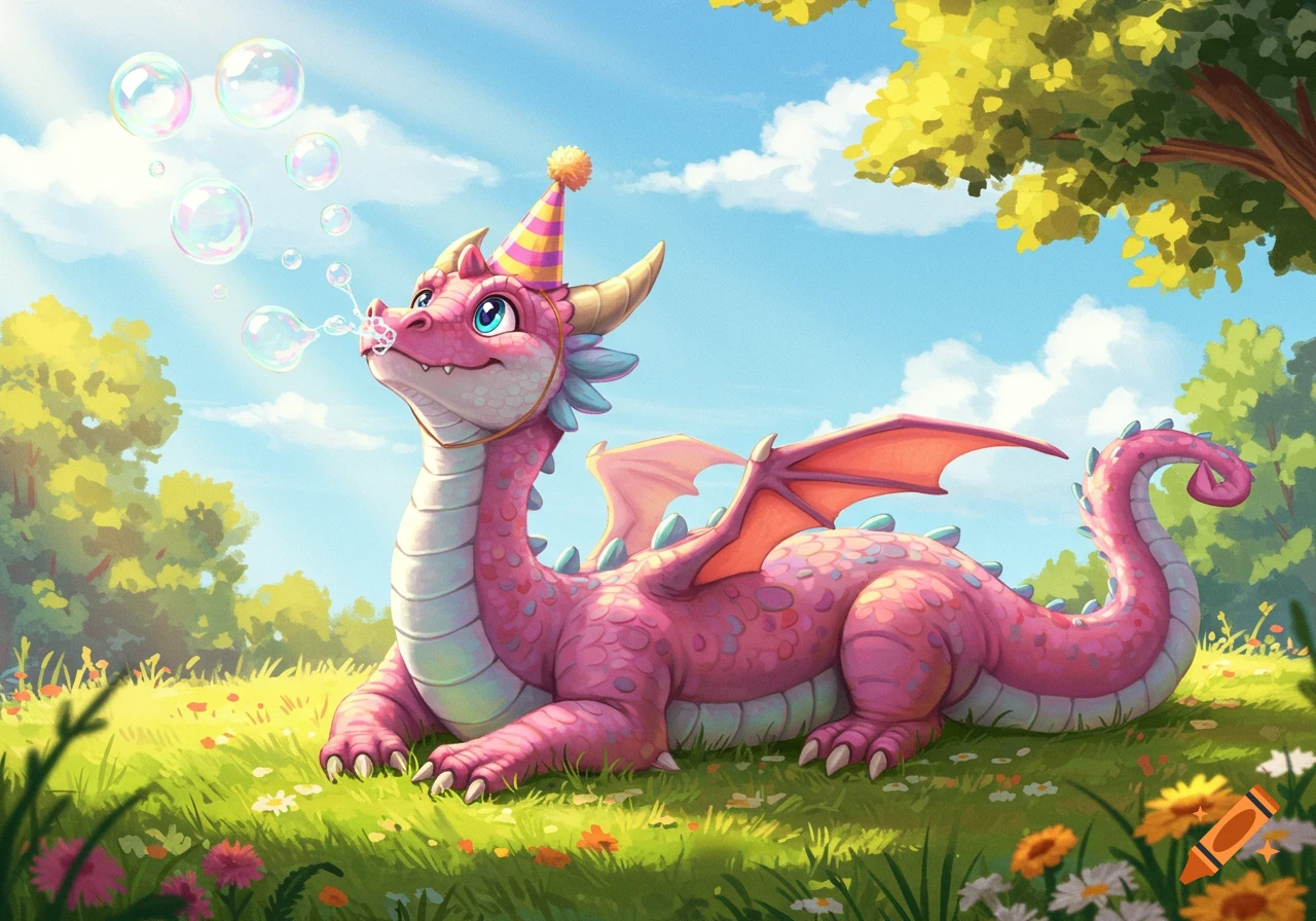 A cute pink cartoon dragon wearing a striped party hat lies in a sunny grassy field, blowing bubbles.