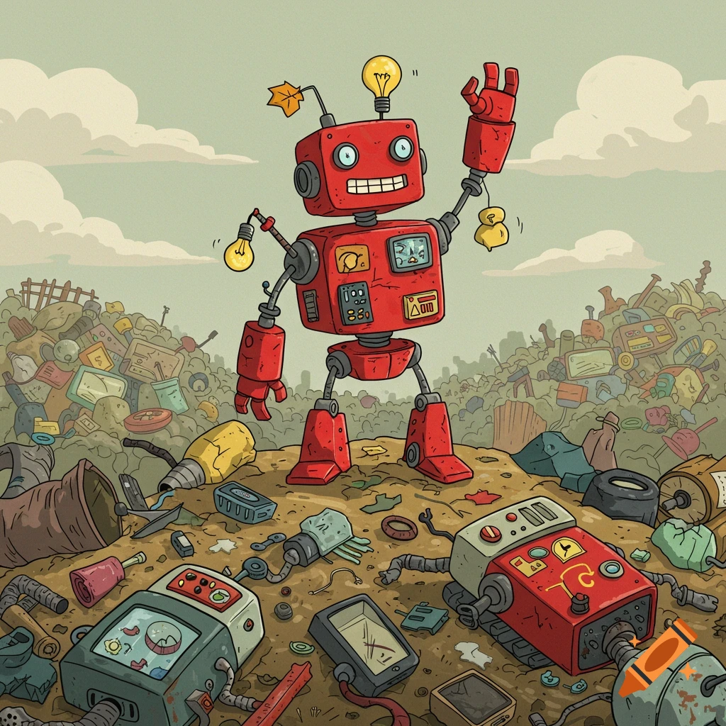 A red cartoon robot with a lightbulb on its head stands on a pile of junk and broken robots in a junkyard, looking happy and waving.