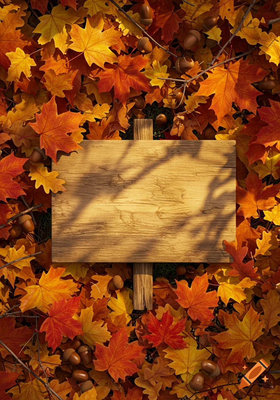 A blank wooden sign is centered amidst a vibrant tapestry of red, orange, and yellow autumn leaves, scattered with acorns.