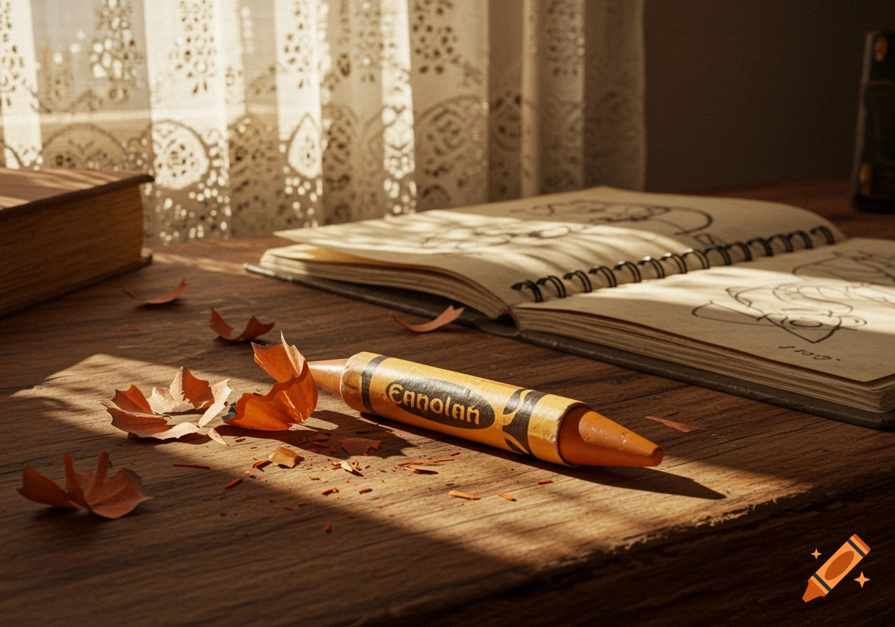 A photorealistic still life of an orange crayon, fall leaves, and an open sketch notebook on a wooden desk, bathed in sunlight.