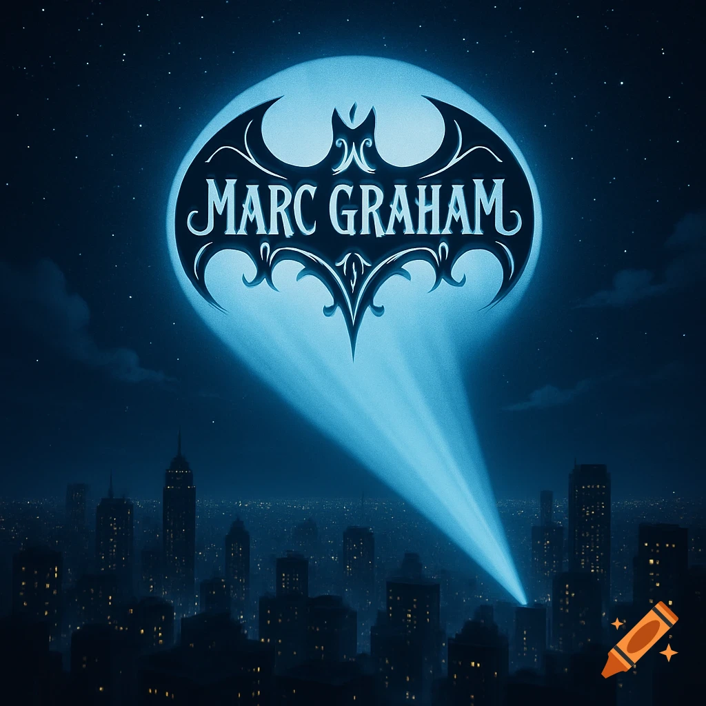 A stylized blue bat signal with 'MARC GRAHAM' projected onto a starry night sky above a dark cityscape.