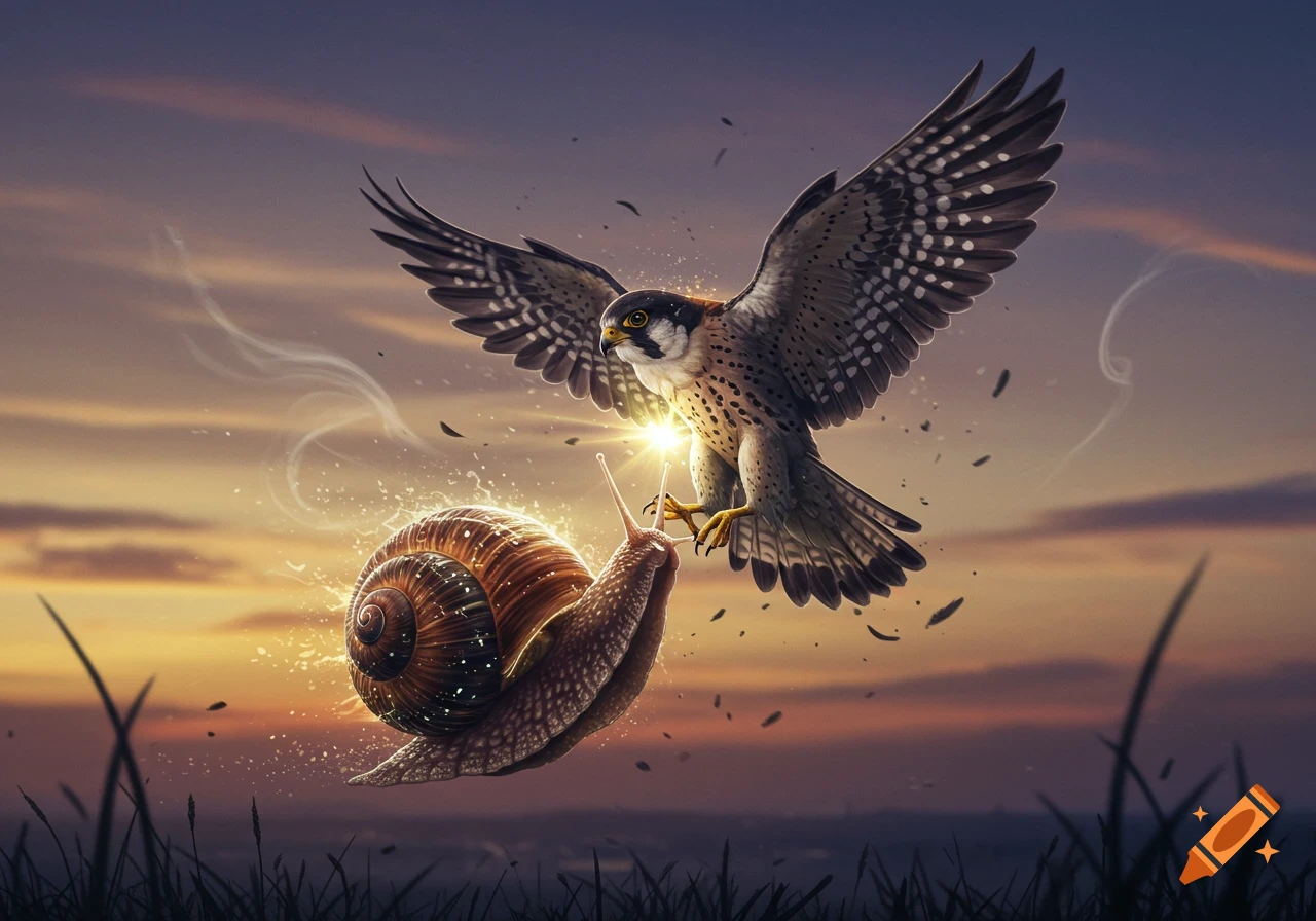 A detailed illustration of a snail glowing with magic as it transforms into a falcon, set against a sunset sky.
