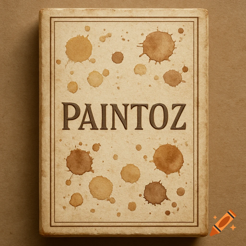 A vintage-style book or package cover with a beige background, brown borders, coffee-like paint splatters, and the embossed word "PAINTOZ".