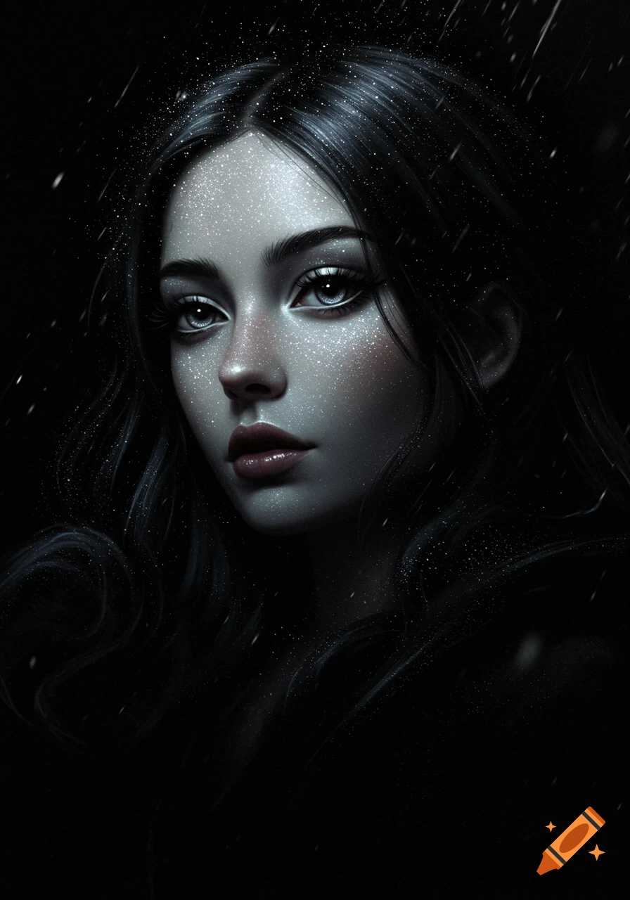 A close-up, ethereal portrait of a woman's face with glittering skin and dark hair emerging from shadows.