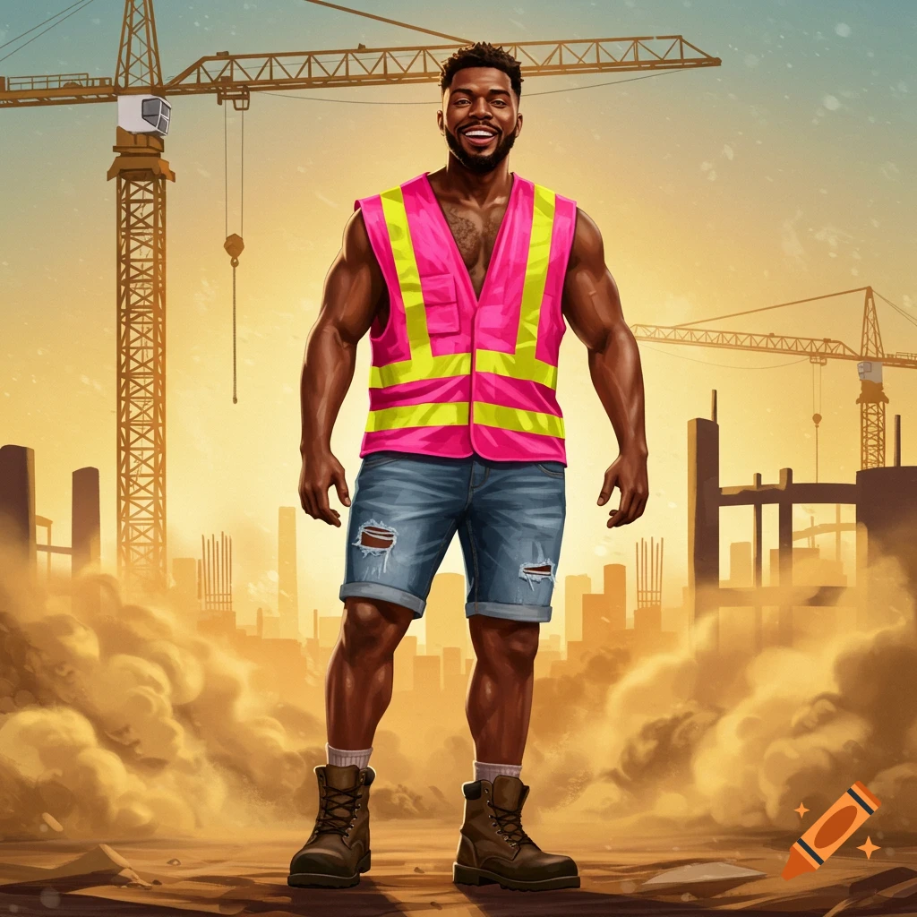 A smiling muscular man in a pink safety vest, denim shorts, and work boots stands at a dusty construction site with cranes in the background.