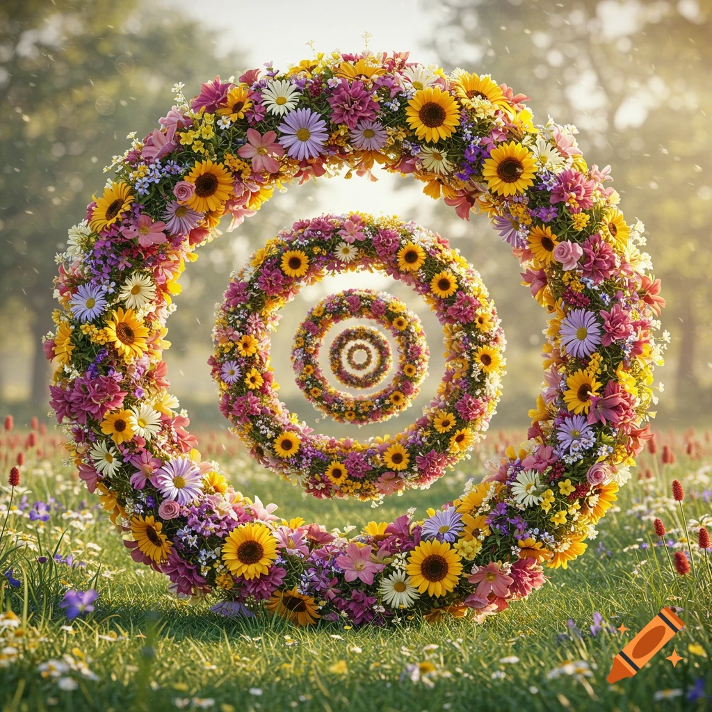 Concentric spiral rings made of colorful sunflowers, daisies, and purple flowers in a lush, sunlit green field.