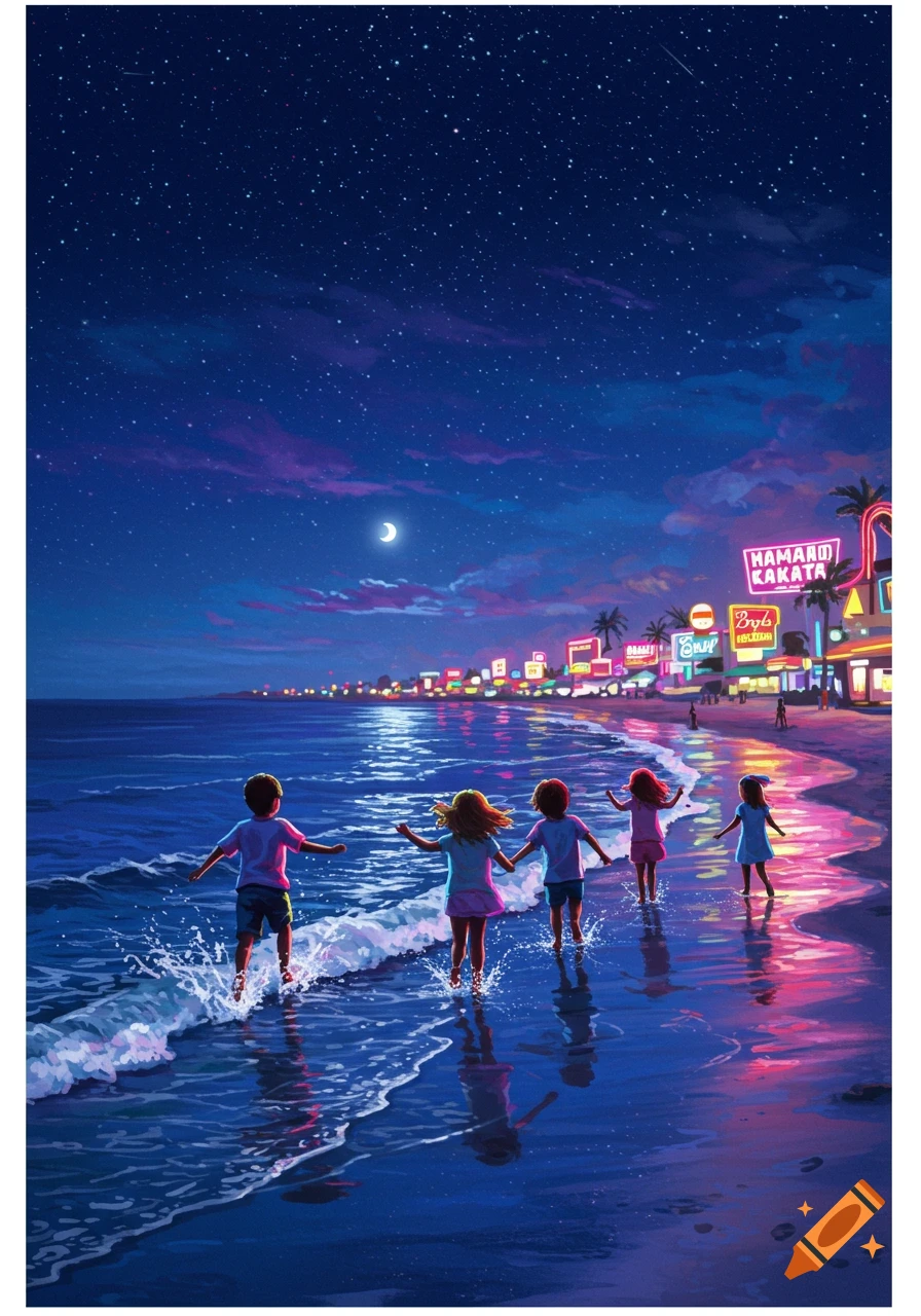 Four children run into the glowing ocean on a vibrant night beach with neon signs and a starry sky.