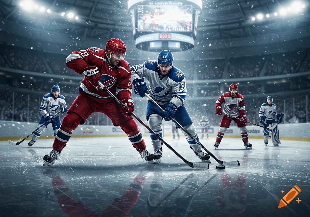 Two hockey players, one in red, one in blue, skate intensely for the puck on an ice rink with a blurred stadium background, photorealistic.