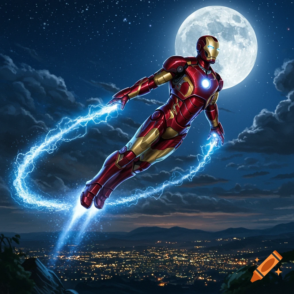 Iron Man in his red and gold suit flies over a city at night under a full moon, with blue energy effects.