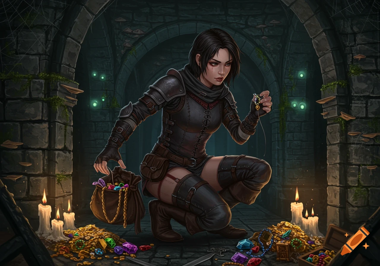 A female fantasy rogue in dark armor crouches in a dungeon, sifting through a pile of gold and gems by candlelight.