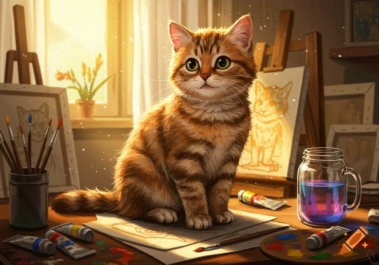 An adorable, fluffy, striped orange tabby kitten with big green eyes sits on an artist's table in a sunlit studio, surrounded by paintbrushes, paints, a palette, and a sketch of a cat.
