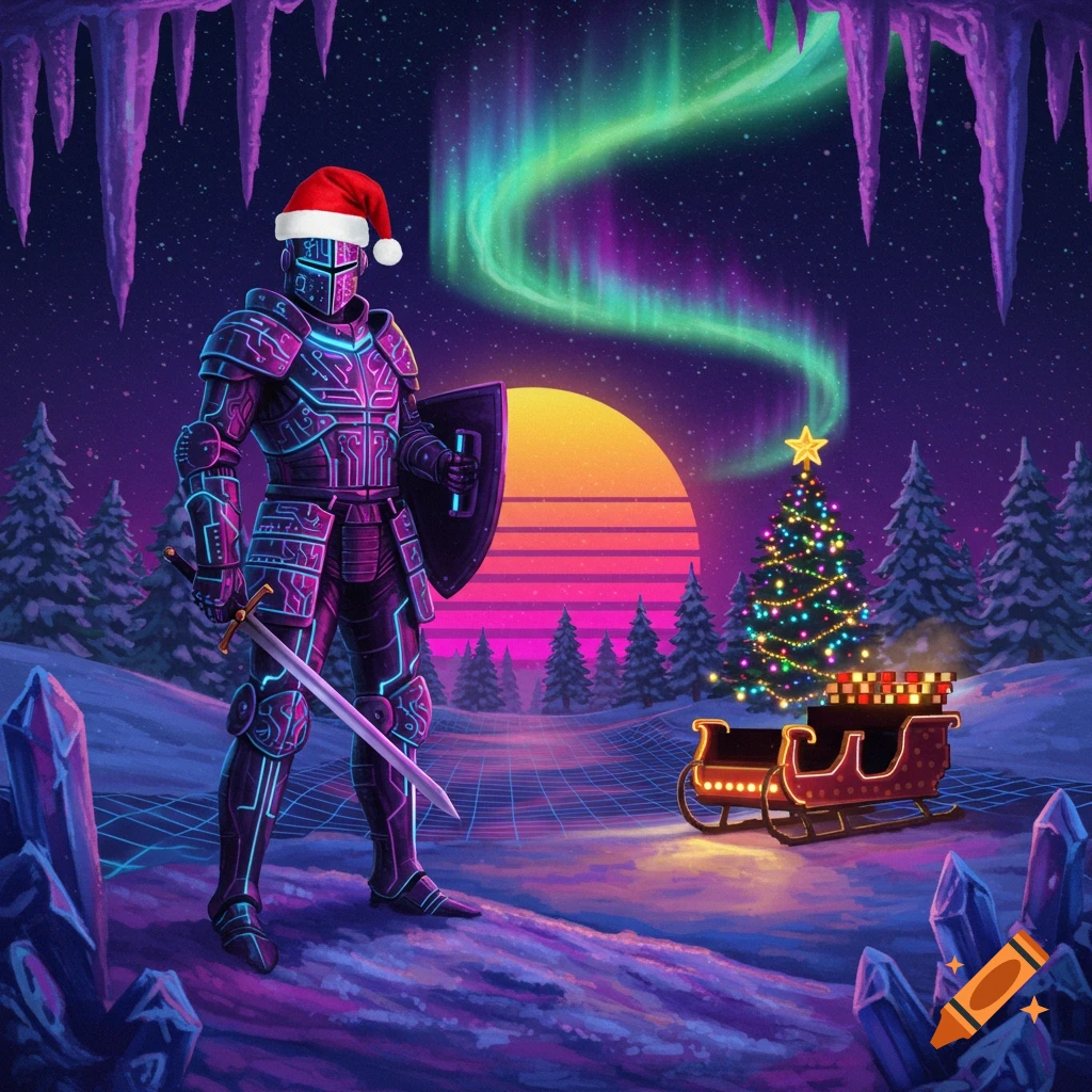 A synthwave knight in a Santa hat stands in a snowy, neon-lit landscape with a Christmas tree, sleigh, a retro sun, and aurora borealis.