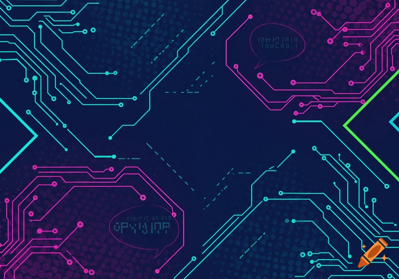 An abstract dark blue background with glowing pink and teal circuit board lines, dots, and speech bubbles containing garbled text.