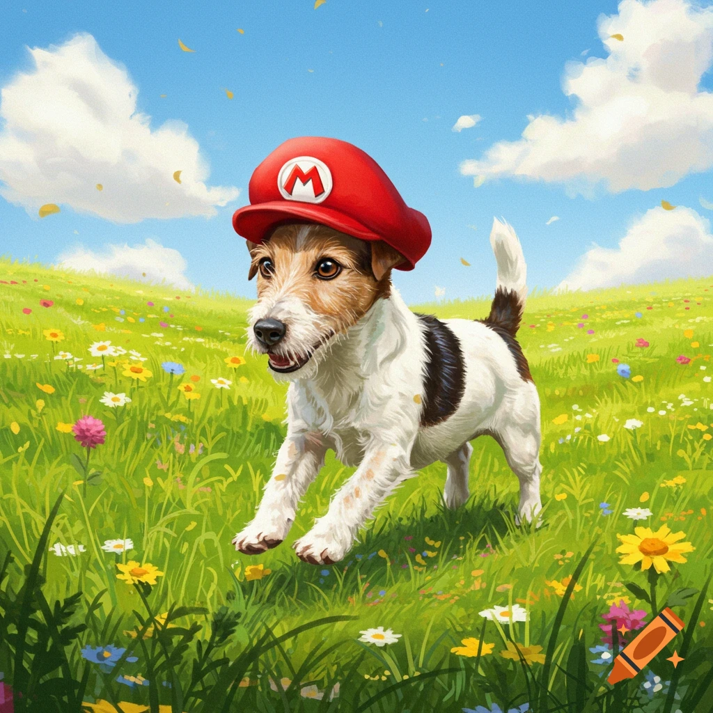 A happy Jack Russell terrier wearing a red Mario hat runs through a vibrant field of wildflowers under a blue sky.