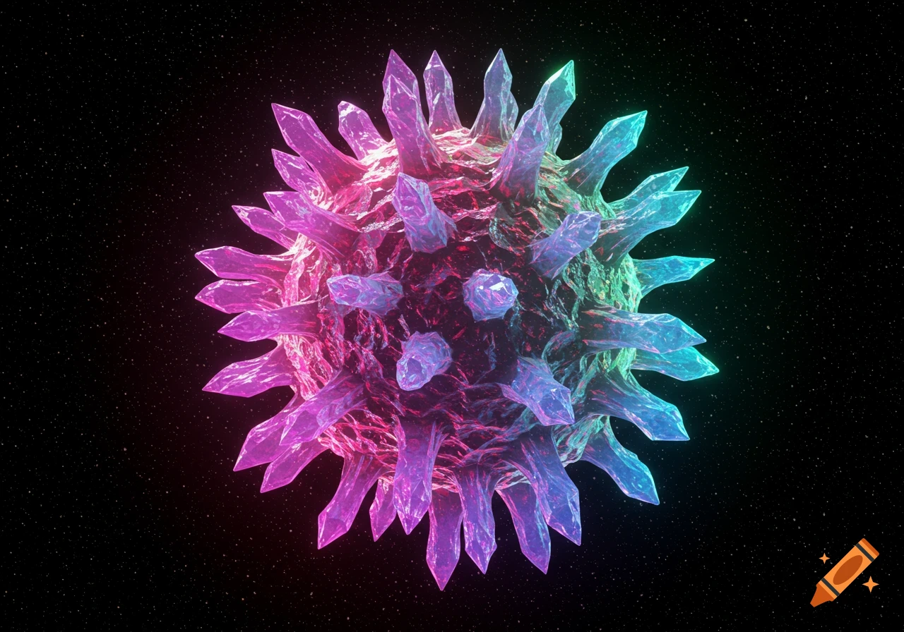 A vibrant, spiky crystal orb resembling a virus, glowing pink, purple, and blue against a dark, starry background.