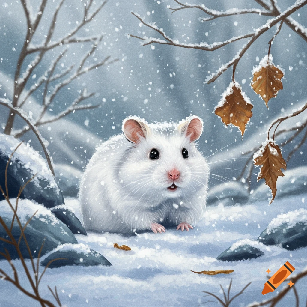 A fluffy white hamster with pink ears and nose stands in a snowy winter forest, with bare branches and falling snow.