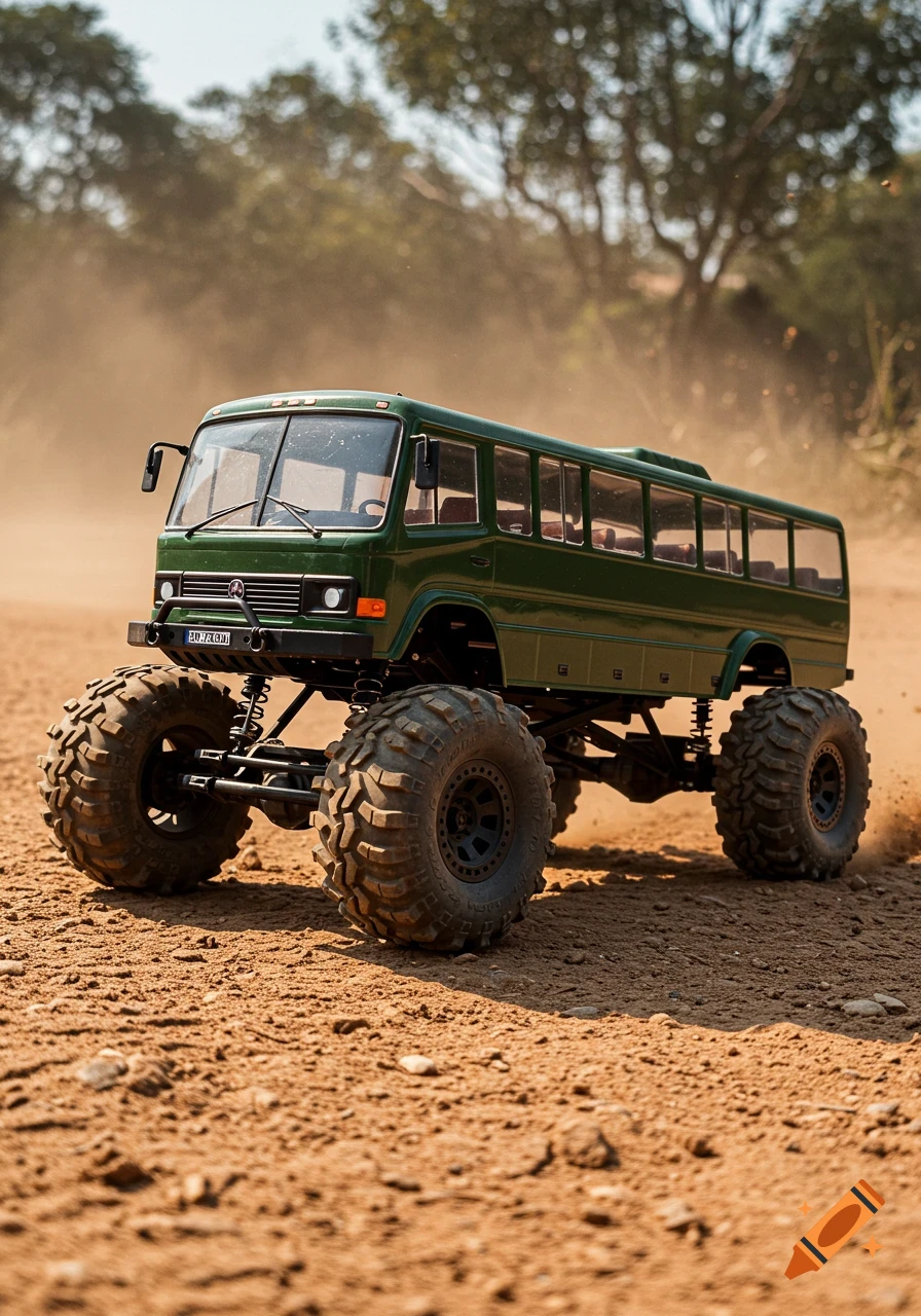 Photorealistic dark green RC model of a Barkas B 1000 bus with large off-road tires driving on a dusty dirt road.