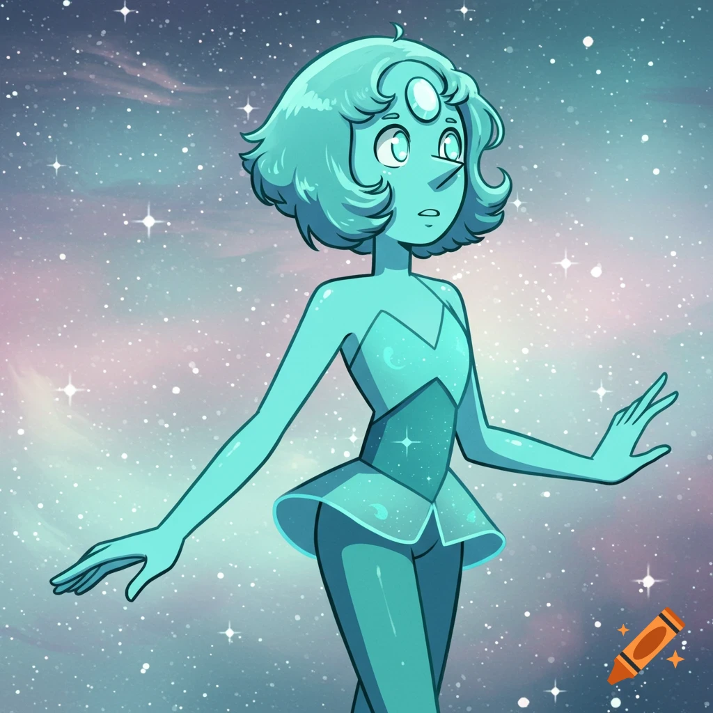 A turquoise, short-haired cartoon character in a stylized outfit stands against a starry cosmic background.