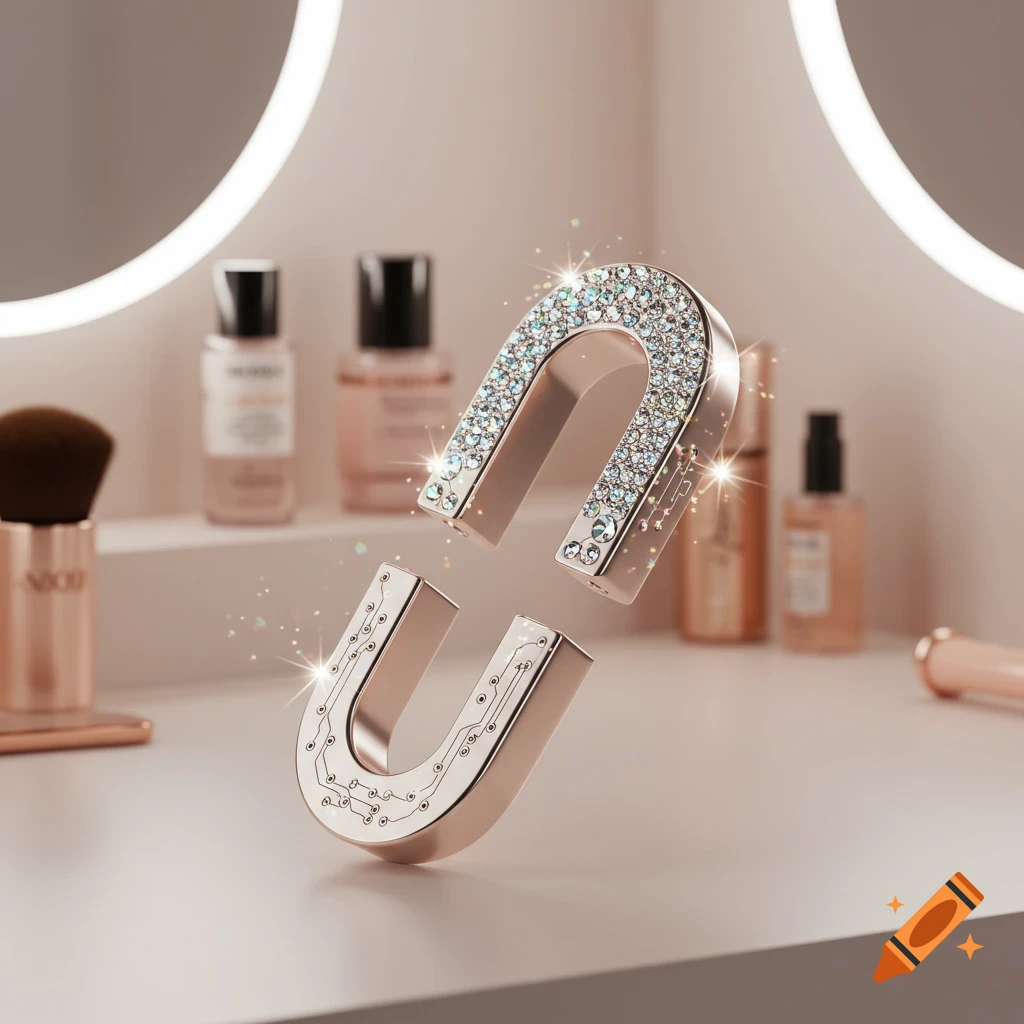 A sparkling, diamond-encrusted magnet with circuit patterns floats above a vanity counter with blurred cosmetic bottles and a makeup brush.