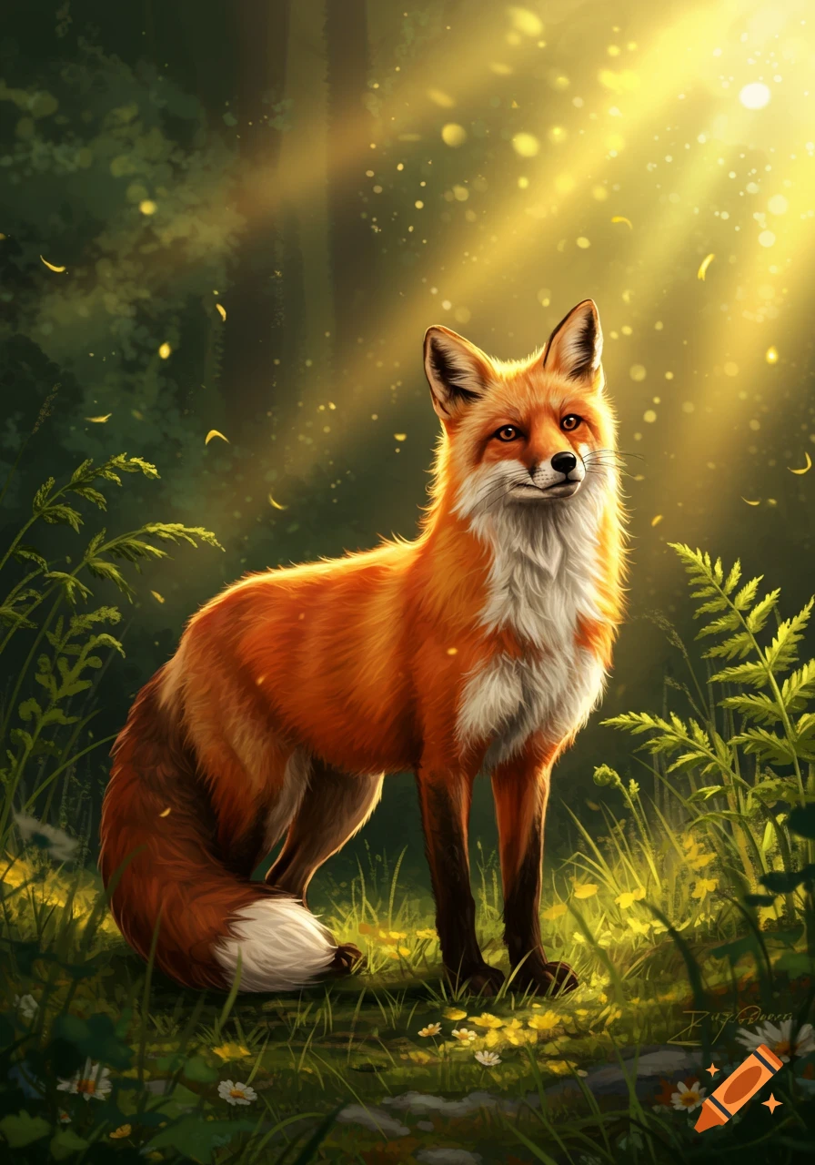 A vibrant orange fox stands in a sun-dappled green forest with glowing light and small yellow flowers, digital art.