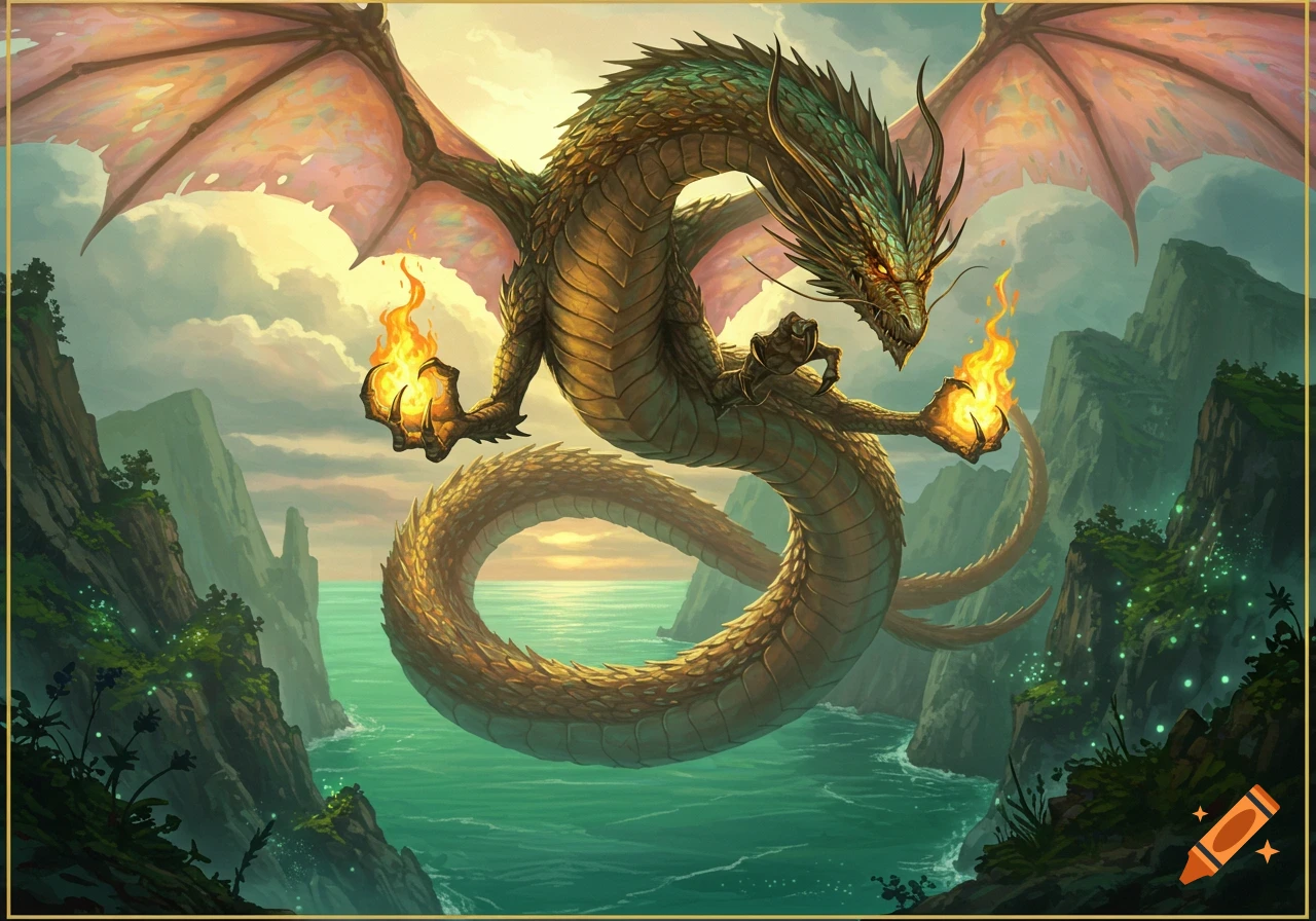 A majestic green and gold dragon with fiery claws flies over a turquoise sea between lush green mountains under a dramatic sky.