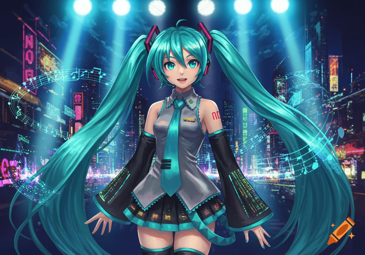 An anime girl with long aqua pigtails, wearing a grey and aqua outfit with headphones, stands in a futuristic city under spotlights. Musical notes float around her.