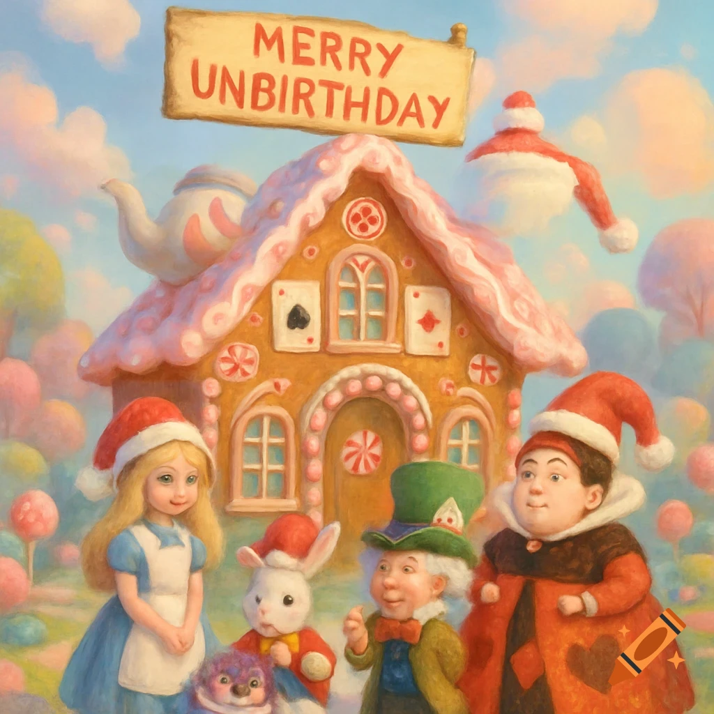 A whimsical fairytale illustration of Alice in Wonderland characters in Christmas hats around a pastel gingerbread house with a 'Merry Unbirthday' sign.