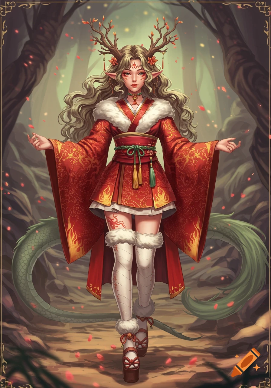 An elegant anime girl with antler-like branches and a green dragon tail, wearing a red kimono and fluffy leg warmers, in a mystical forest.