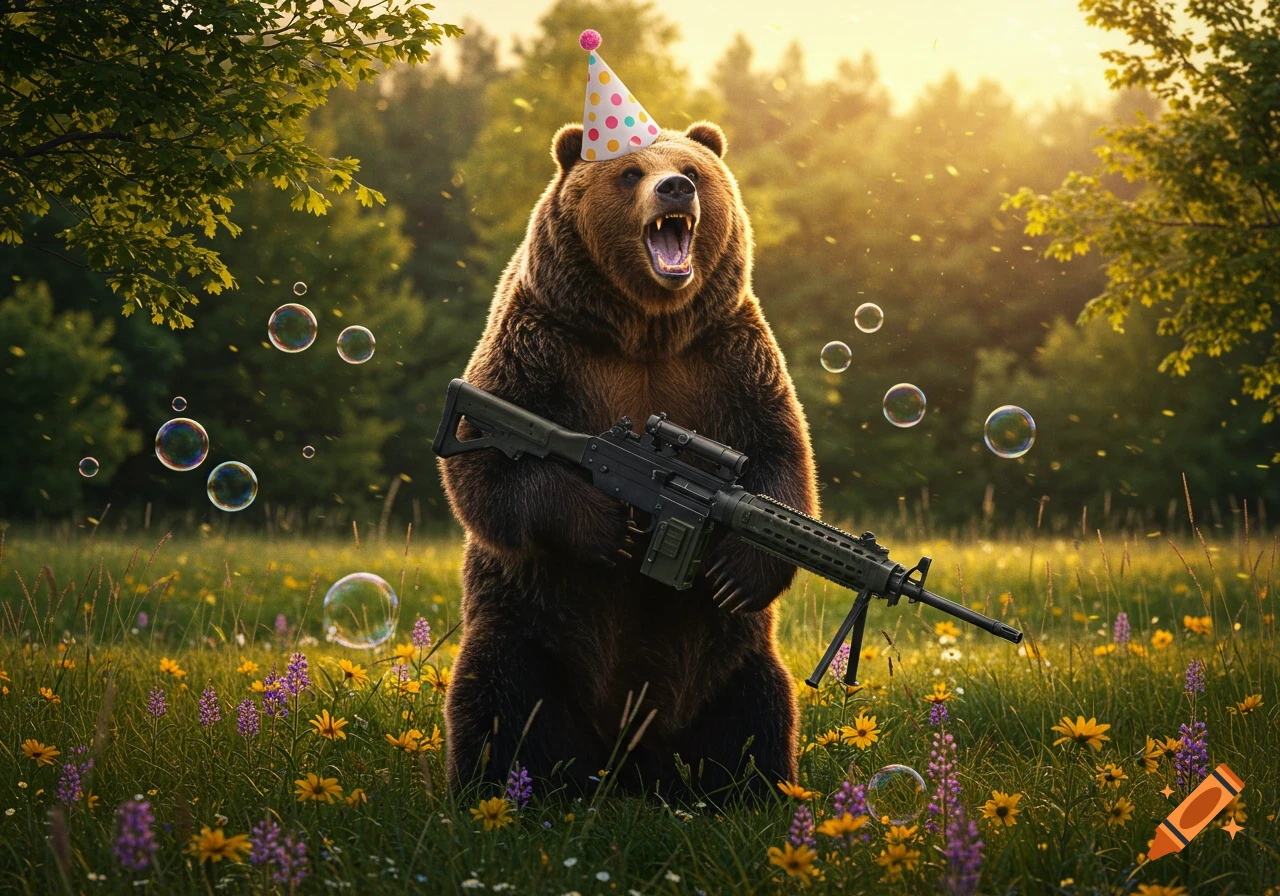 A photorealistic grizzly bear in a polka-dotted birthday hat stands in a sunlit field, roaring while holding a machine gun among floating bubbles.
