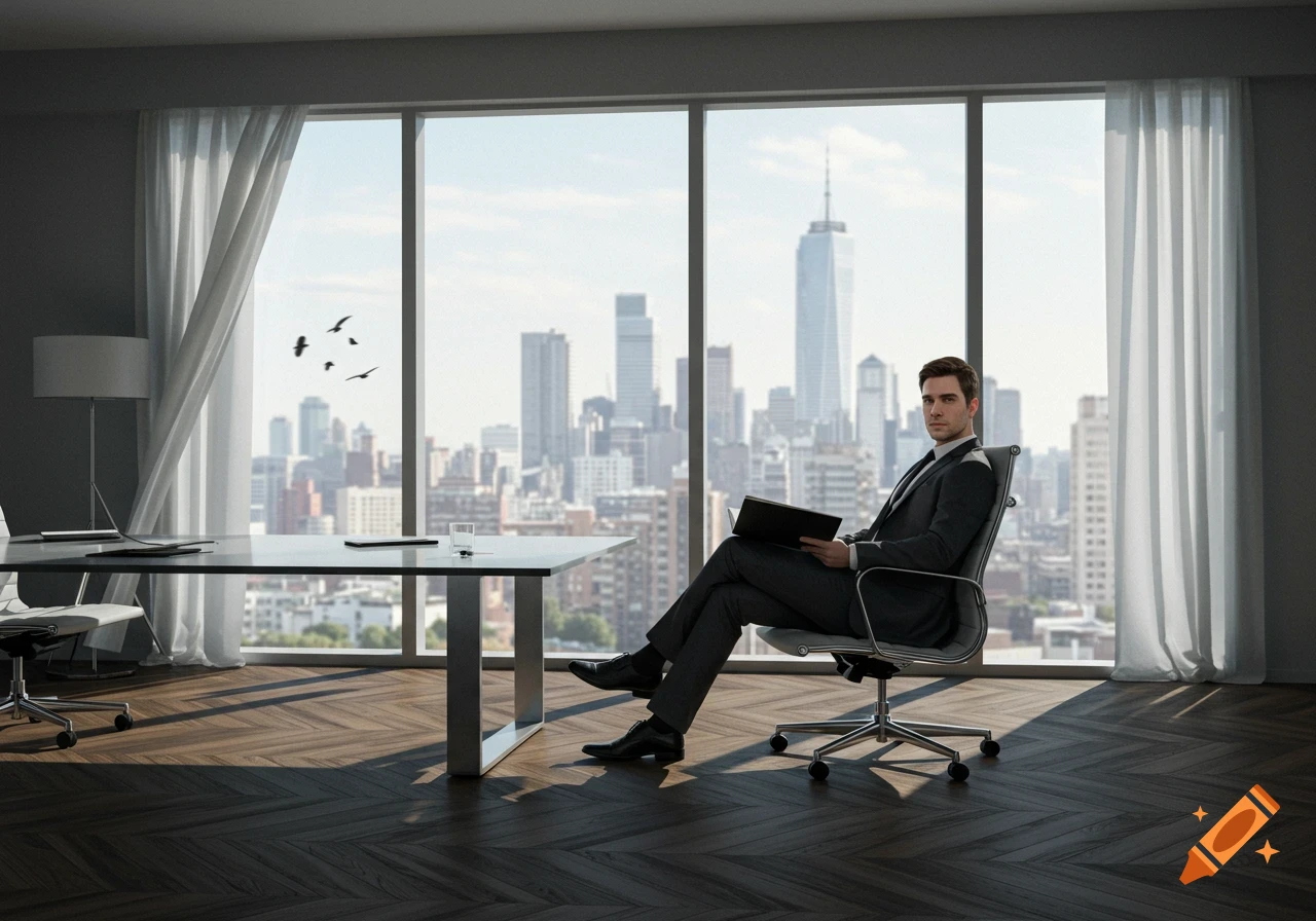 A man in a suit sits in an office chair, holding a folder, overlooking a city skyline through large windows.