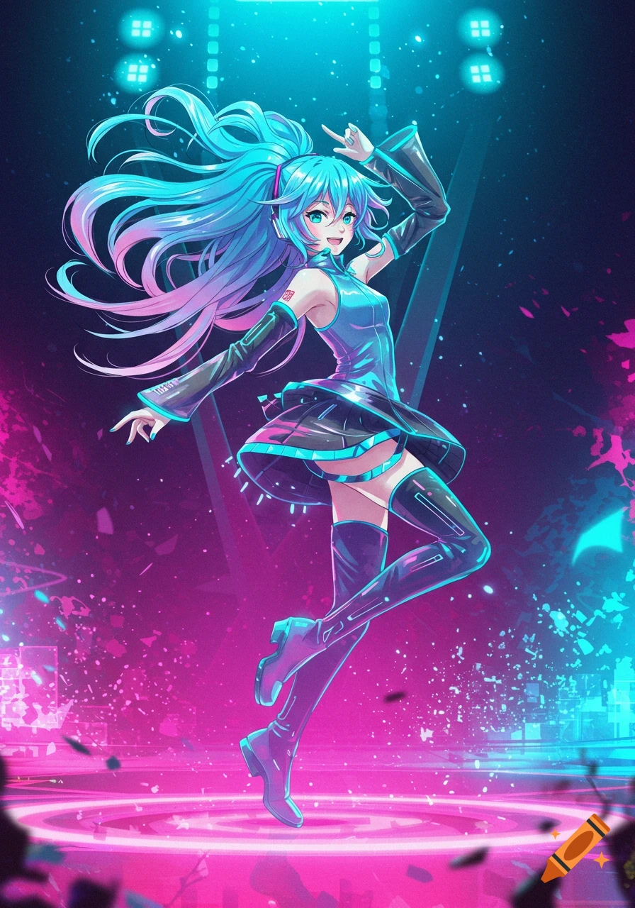 A vibrant anime character, Hatsune Miku, with long blue-pink hair, performs on a stage bathed in neon pink and blue lights.