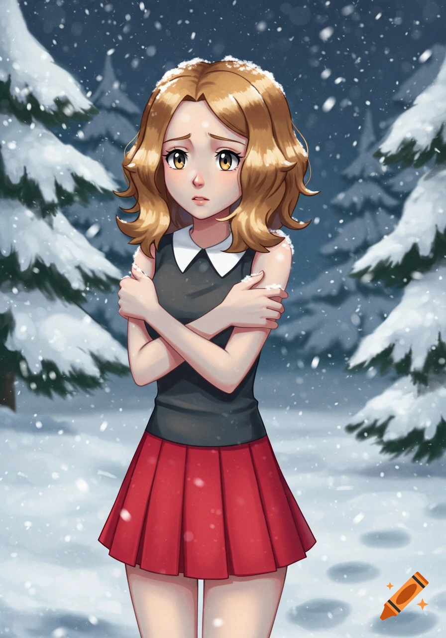 Anime girl Serena from Pokemon in a black top and red skirt hugging herself in falling snow, looking cold.