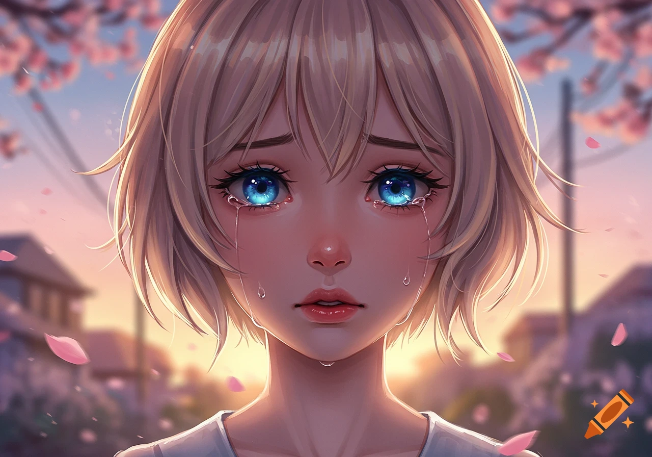 Anime portrait of a sad girl with short blonde hair and bright blue eyes, tears streaming down her face, with cherry blossoms in the background.