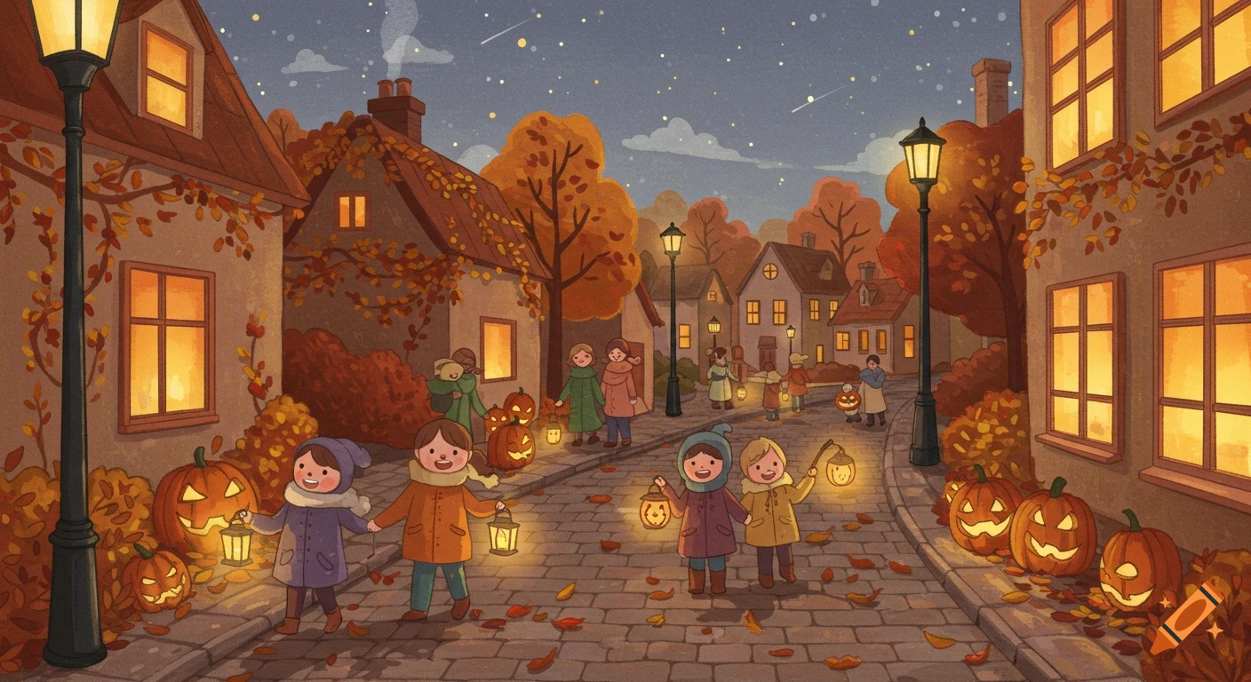 A cozy cartoon illustration of children trick-or-treating in an autumn village at night, holding glowing lanterns among jack-o'-lanterns and fall leaves.