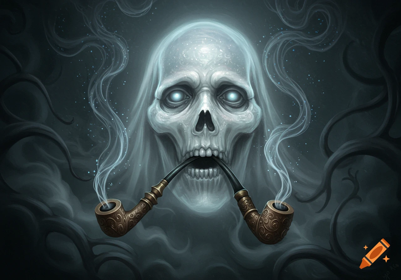 A glowing spectral skull with empty eyes, smoking two pipes, against a dark, ethereal background with wispy smoke and tendrils.