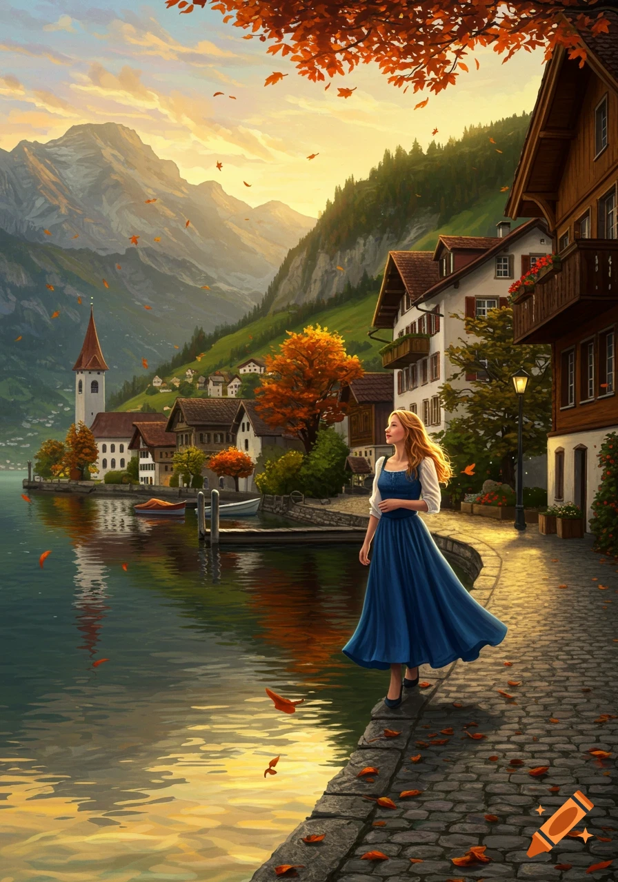 A woman in a blue dress stands on a cobblestone path by a lake, with an autumn mountain village and colorful trees in the background, digital painting.