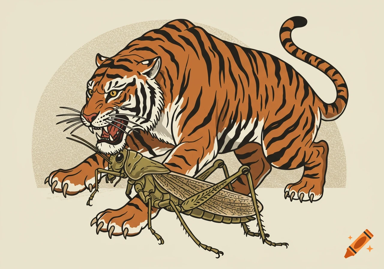 A tiger roars over a giant grasshopper in a vintage American tattoo art illustration.