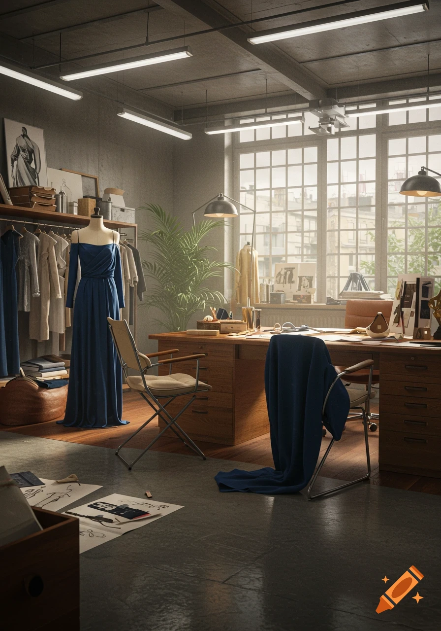 A photorealistic image of a sunlit fashion design studio with a mannequin wearing a blue dress, clothes racks, a large wooden desk, and design sketches on the floor.