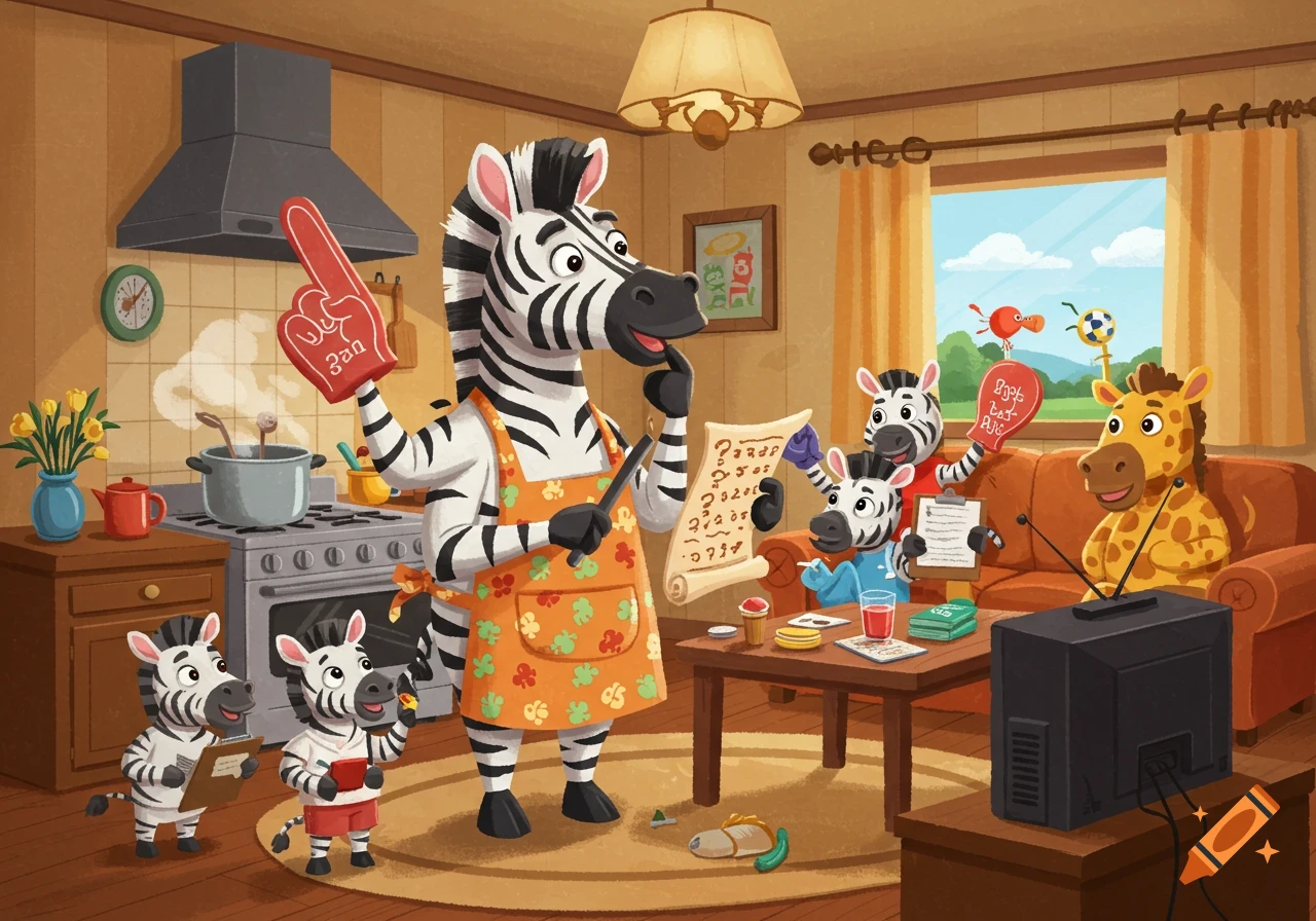 Cartoon zebra dad in an apron cooks, reads a scroll, and holds a foam finger as young zebras and a giraffe watch TV in a cozy home.