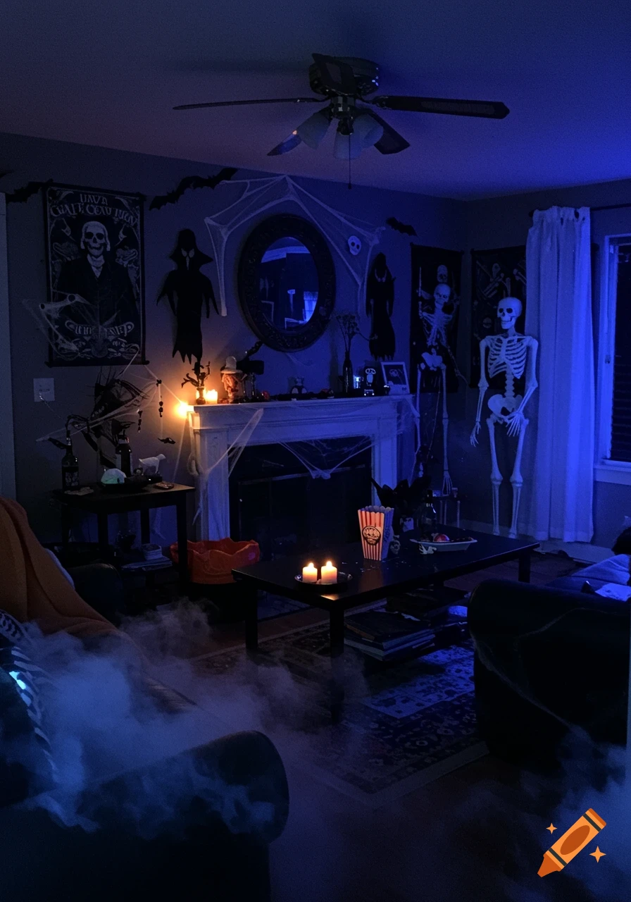 A dark living room decorated for a Halloween party, with blue lighting, fog, skeletons, spiderwebs, and lit candles creating an eerie ambiance.
