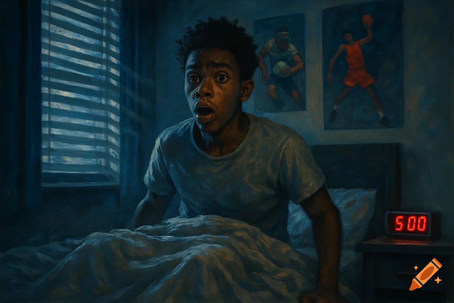 A young Black man wakes up in bed, looking panicked at an alarm clock showing 5:00 AM, in a dark bedroom with sports posters.
