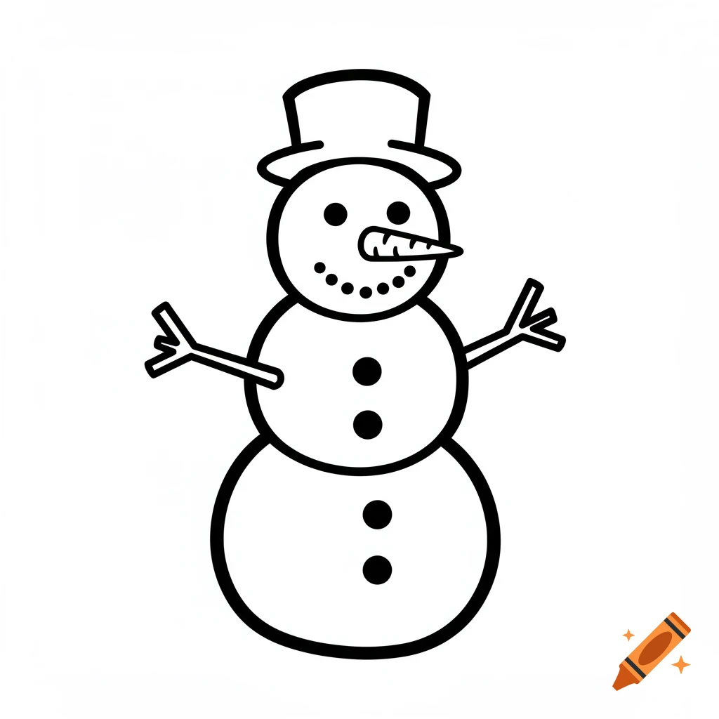 Minimalist black and white line art of a snowman wearing a top hat.