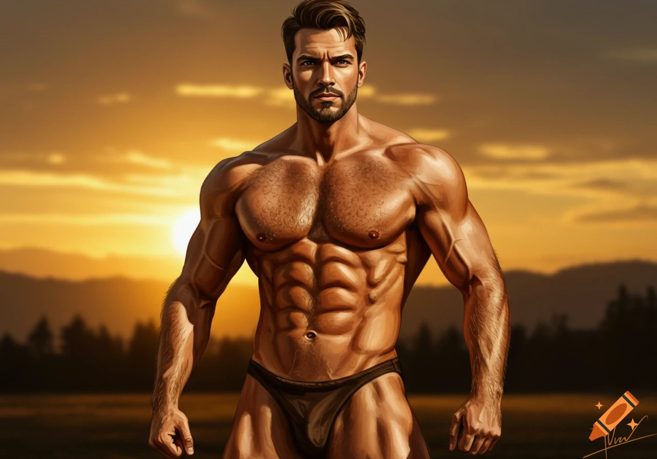 A digital illustration of a very muscular man with a hairy chest in dark briefs, standing at sunset with mountains in the background.