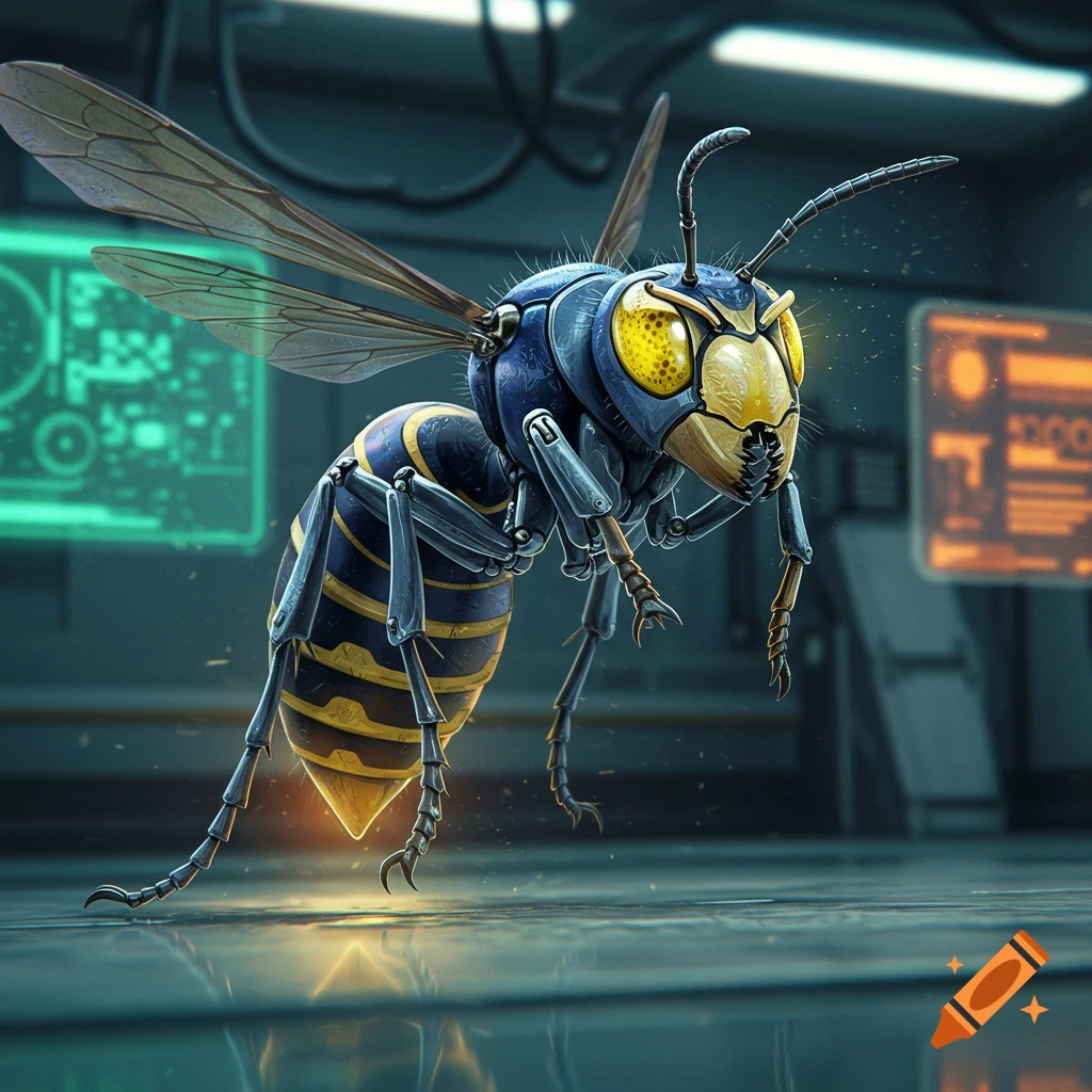A detailed robotic hornet with yellow compound eyes and blue and yellow stripes stands on a metallic floor in a futuristic lab.