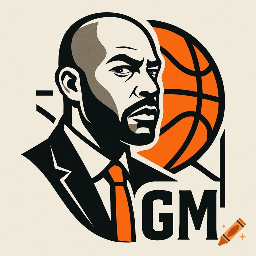 A stylized logo features a bald man in a suit and orange tie, looking to the right with a side eye, in front of an orange basketball. The letters "GM" are below him.